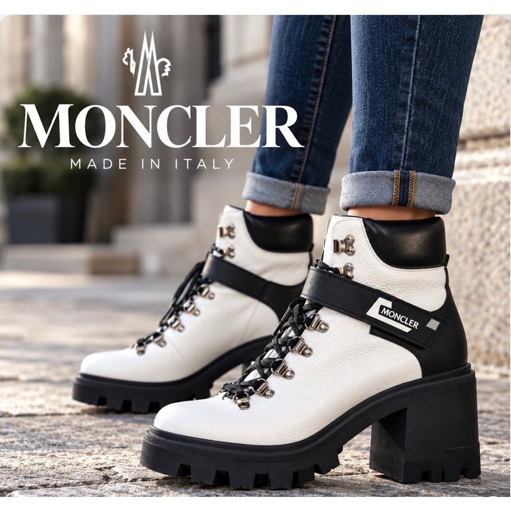 Moncler Carol Hiking Boot 7.5/8 EU 38 White Black Lace Up Lug Sole authenticated